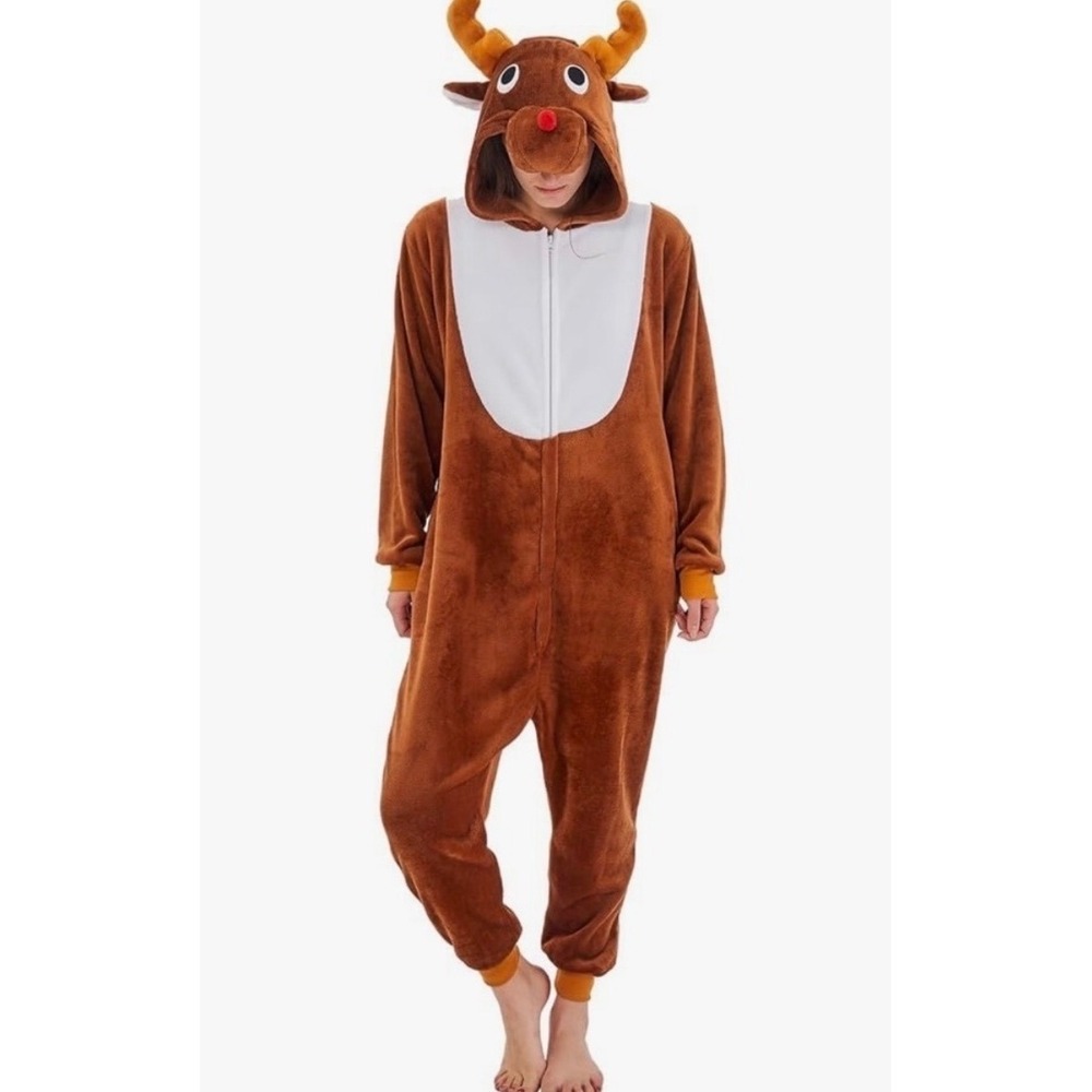 NEW Reindeer Costume Jumpsuit Size Large Brown Plush Fleece Holiday Pajamas